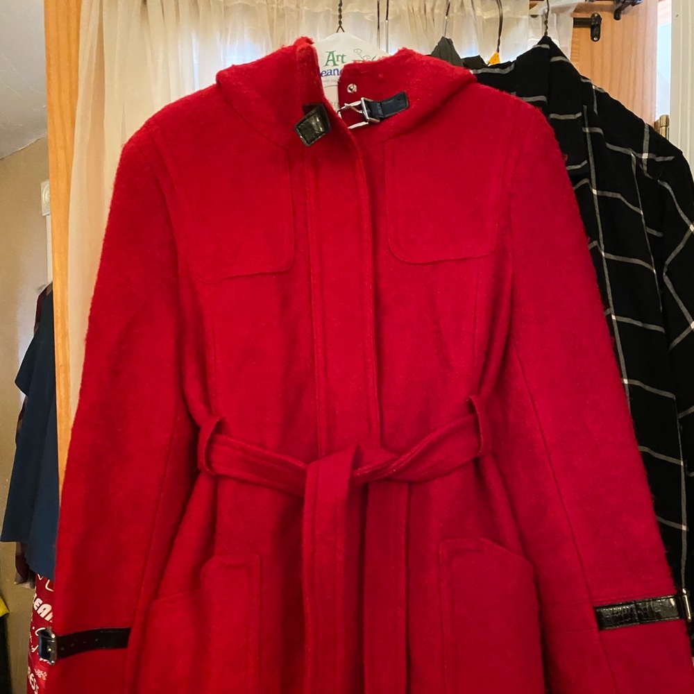 Women’s Calvin Klein Women’s red coat, 16, lined, hooded, zipper w belt tie.